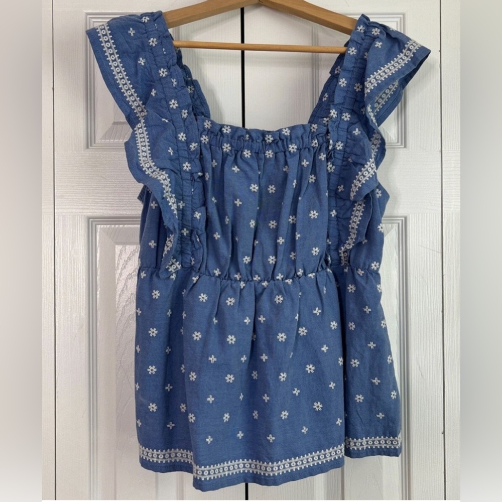 Old Navy Womens Swing Blouse Blue White Floral Smocked Embroidered Ruffle